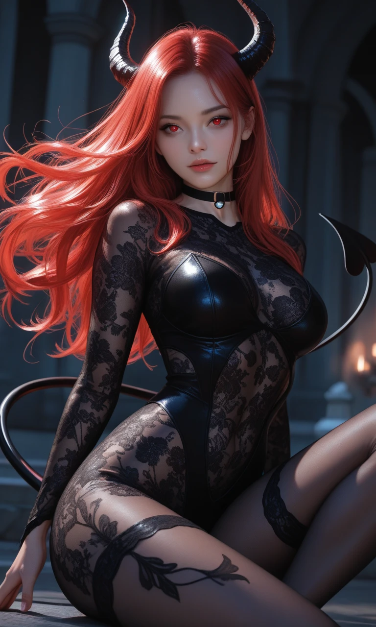 Very detailed, Seductive woman with horns, Tight shirt, (plump, The breasts are too big，Shirts always get torn, Red hair), Face-centered, Face Focus, Complex eyes,Full body image