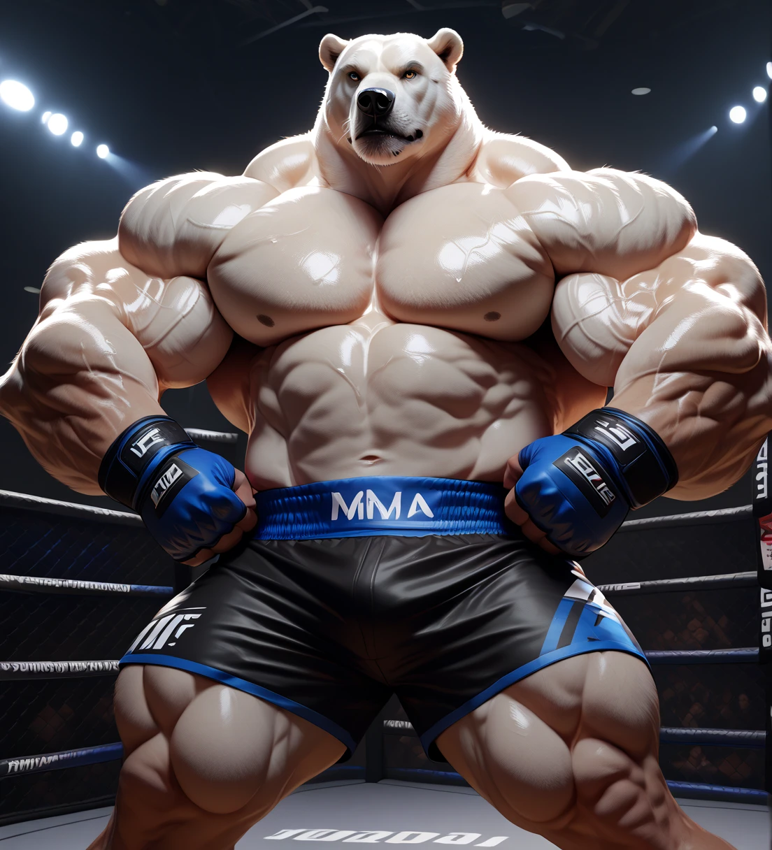 Solo, 1boy, a highly muscular, shirtless polar bear with a huge, bulky physique, wearing only light blue MMA fighting shorts, fingerless gloves, and MMA footwear, performing intense kickboxing training at the gym, 1 male, high quality, highly detailed, short hair, wide pectorals, correct anatomy, photorealistic, detailed eyes