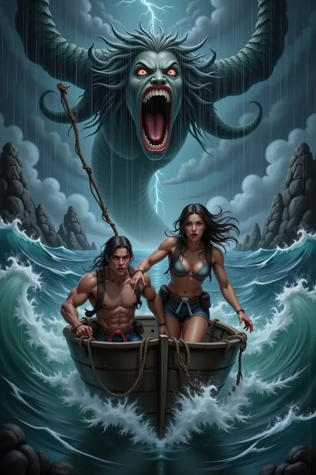 <lora:k3nk3lly:0.75>man with sword in boat with woman fights sea monster