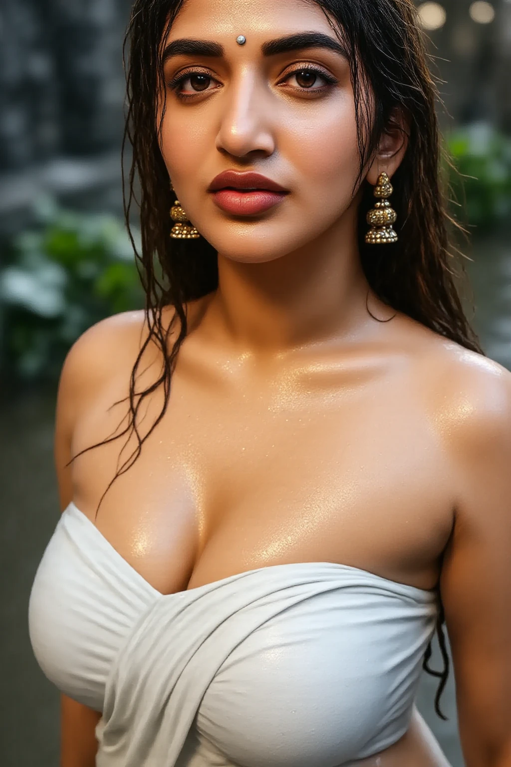 Day scene, close up photo of a sexy indian, bathing in, merged in water, black bra, big cheeks, deep cleavage, french braid hair, necklace, erotic face, 34 yo, look at viewer and seductive smile, (cinematic:1.3), intricate details, (ArtStation:1.2)