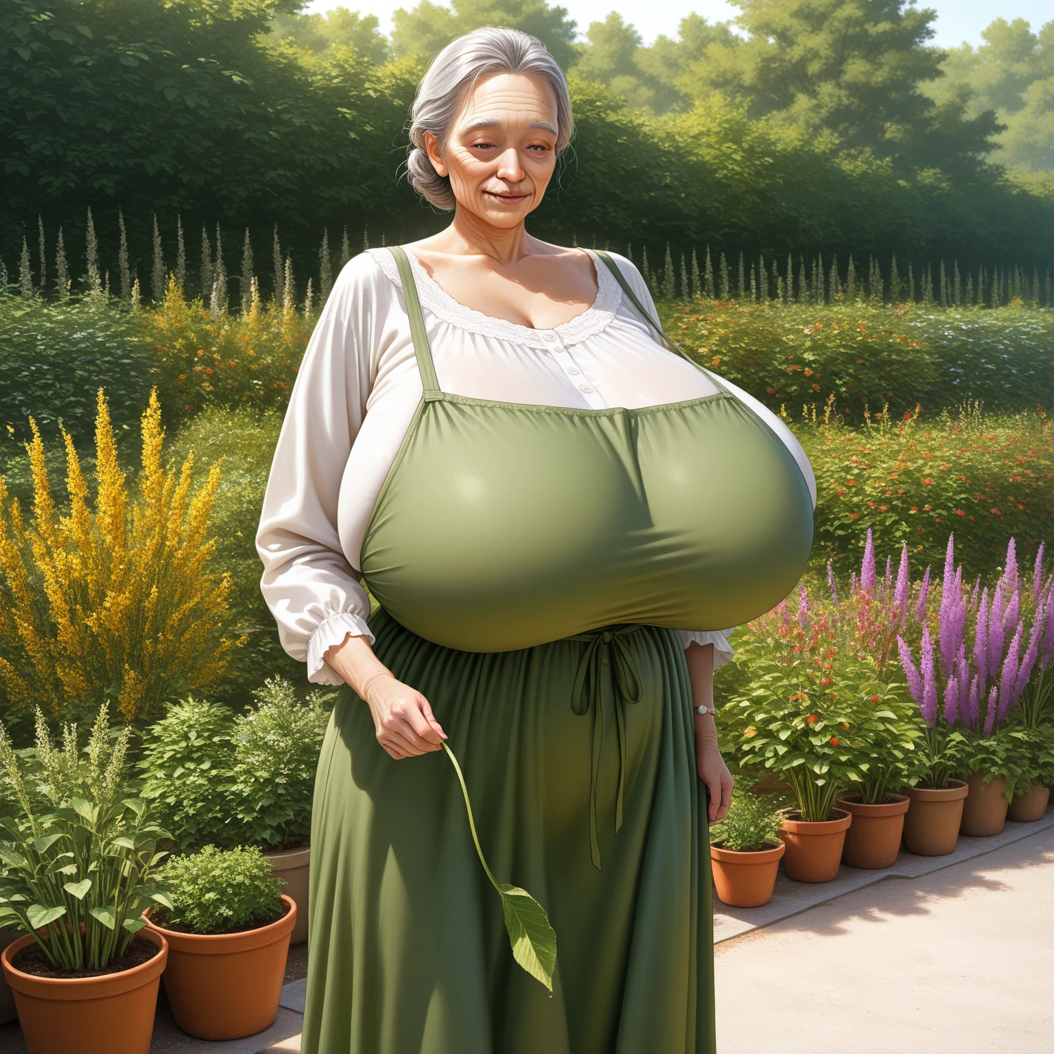 Elara, a medieval villager, emanates ethereal beauty with chestnut hair, gigantic breasts, emerald eyes, and a compassionate spirit as the village healer.