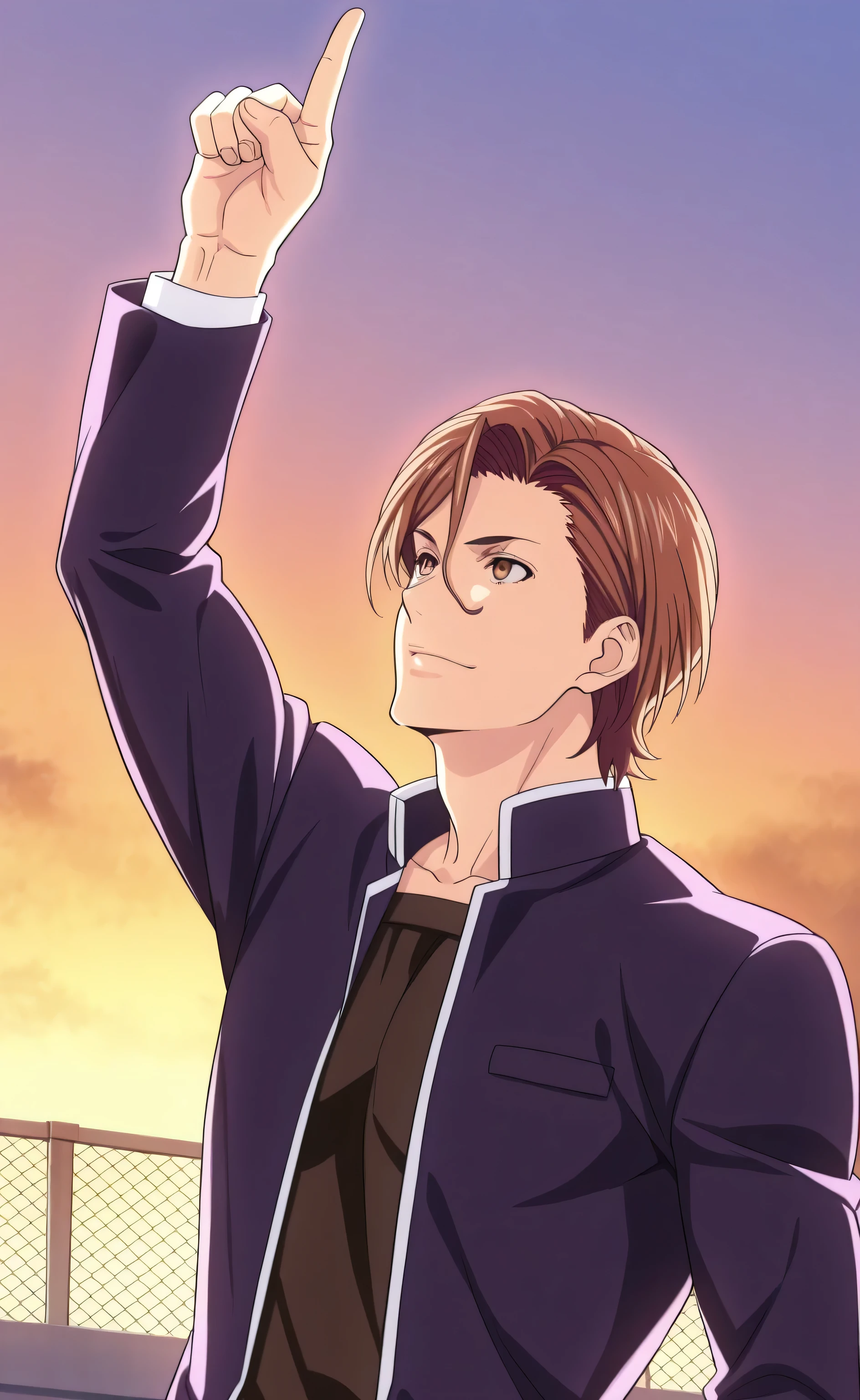 1male,solo,Sōsuke Aizen,brown hair,short hair,curly hair,brown eyes,cool face,Purple blazer,black dresshirt,muscle,a person standing upright with feet together. The right arm is fully raised upward, with the index finger pointing straight up and the thumb extended outward. The head is slightly tilted forward. The left arm hangs naturally by the side. The pose is strong, iconic, and confident,school,rooftop,sunset,half-body portrait,Shokugeki no Soma style,