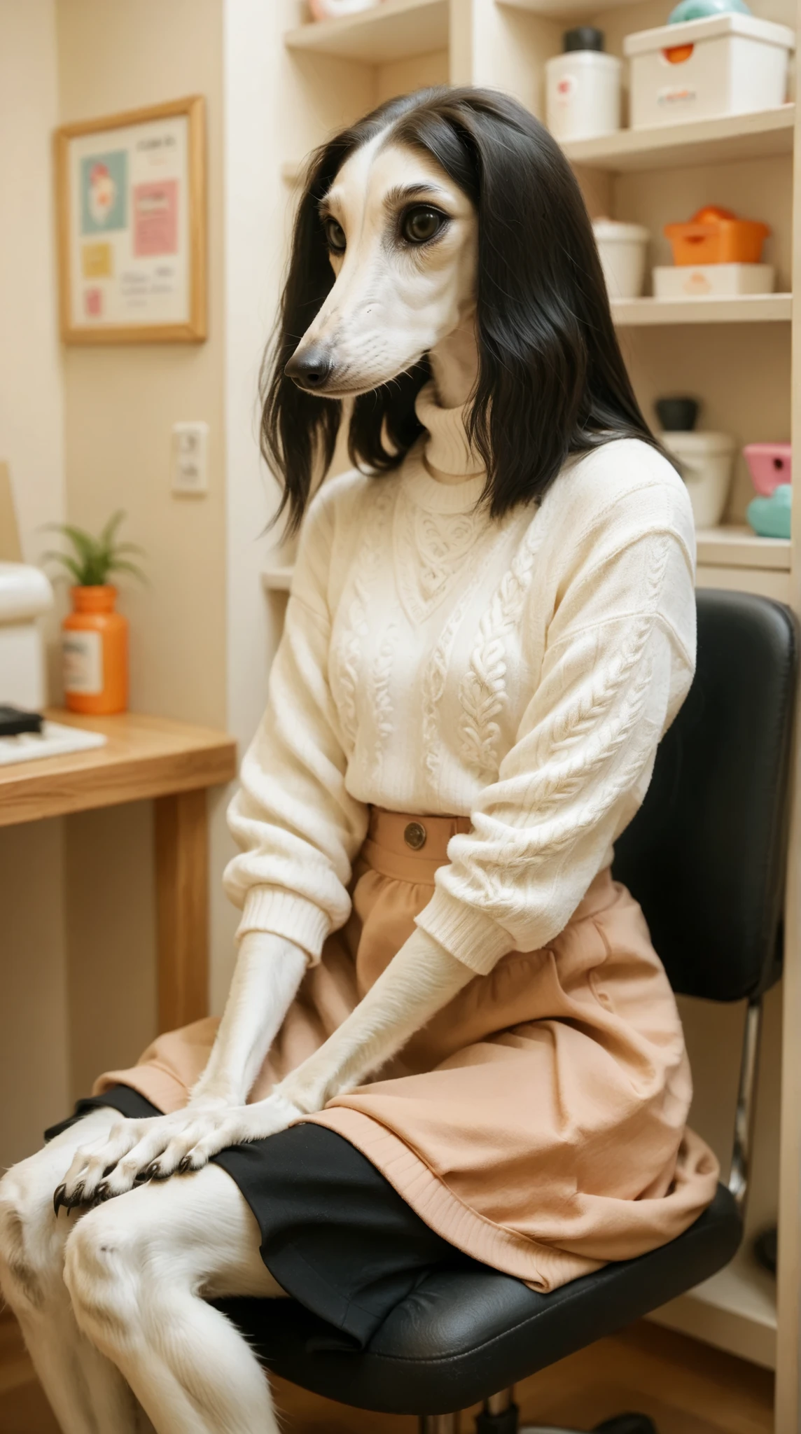 a girl sitting in a salon chair getting her hair dyed. Set in a Hair Salon barbershop. saluki, sighthound, black fur, paws, sweater blouse, cute skirt