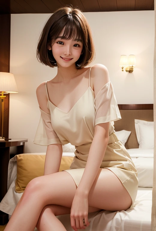 (8k, RAW Photos, Highest quality, masterpiece: 1.4), (Realistic, photoRealistic: 1.4), Soft Light, Beautiful gradation, whole body、Knee Shot, 1 person, Japan, young woman, cute, (pupil, Light in your eyes), Beautiful face in every detail, Beautiful bob hair all the way to the ends:1.3, Black Hair, Natural skin texture, Middle chest, indoor, Hotel, wallpaper, Blurred Background, Wrapped in bed sheets, A shy smile