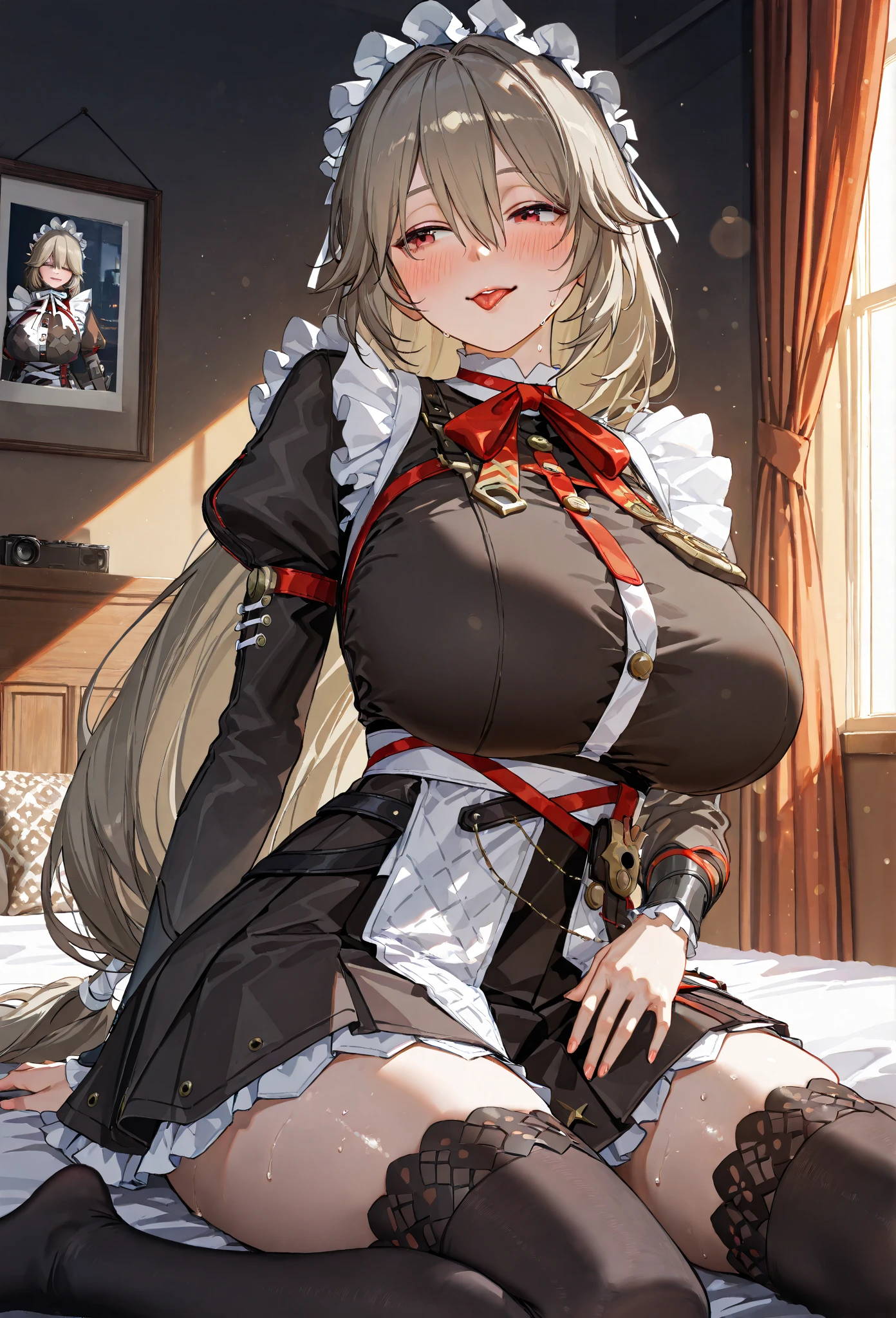 best quality, masterpiece, highres, solo, {nodoka_bluearchive:1.15}, halo, red_eyes, blush, bangs, hair_bun, blonde_hair, open_mouth, smile, single_hair_bun, long_hair, breasts, 1girl, hat, looking_at_viewer, gloves, braid, fur_trim