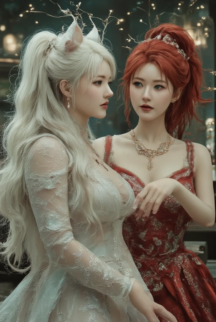 Best image quality, high resolution, 8K, realistic depiction in every detail, photorealism, two women, glamorous pope and slender princess knight sitting on a throne and embracing each other, (plump body pope, 30 years old, bewitching, long blonde hair, shiny skin, detailed description, large breasts, glamorous, luxurious crimson dress with embroidery, lust), (slender, princess knight, 18 years old, small breasts, abs, full proportions Beautiful face, neat face, silver hair, short, sharp eyes, chest exposed, basket hands), (partial skin exposure: 1.5), detailed and beautiful face