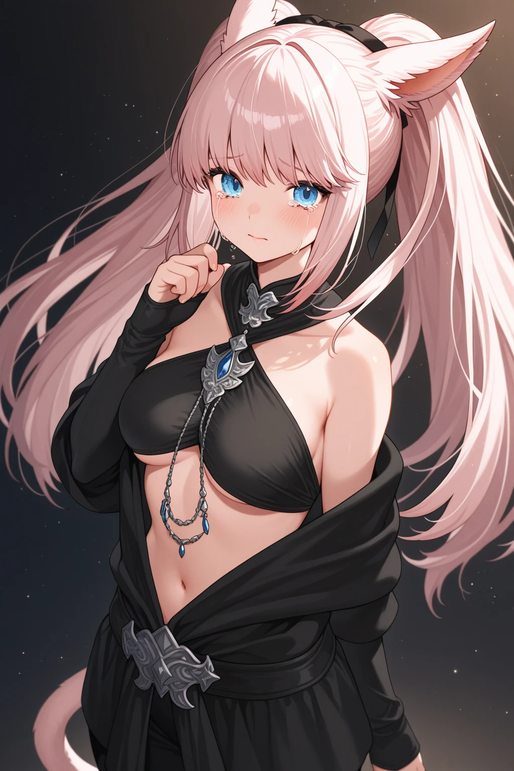 1girl, anime, cute girl, blank background, white background, fantasy, detailed fantasy dress with highlights, beautiful face, beautiful eyes, dark colors, pink hair with some streaks of blue strands, different color pupil in eye, medium small breasts (slightly big), slight cleavage, beautiful skin, cute, breast curtains, extremely delicate and beautiful, (beautiful detailed face:1.0), (detailed deep eyes), symmetrical breasts, deep eyes, shiny skin, portrait, slender waist, hips wider than shoulders, thighs, expressionless, young girl, luminous eyes, adorable,(Kpop idol),(aegyo sal:1),(Platinum blonde hair:1),((puffy eye)),Black panty,sexy posture,Superskirt, ultra high resolution,Black collar,slim figure, Abdominal y tattoo, womb tattoo,Tight-fitting leg ring,y tattoo on half-body,Bare skin, Armored hand,Hidden fingertips,Hand covered,Arm covered,Fist covered,{{beautiful detailed fingers}}, tufts of hair, moderate beautiful breast:1.0,