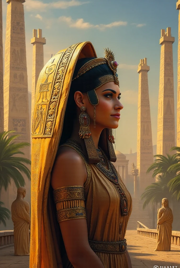 A captivating, surreal scene of Cleopatra and her entourage taking a selfie with a selfie stick. They are adorned in elegant ancient Egyptian attire, with Cleopatra wearing a golden headdress. In the background, the iconic pyramids stand tall, and a UFO lands, revealing an alien with a curious expression. The atmosphere is a blend of history, technology, and extraterrestrial encounters, creating an intriguing and imaginative image.