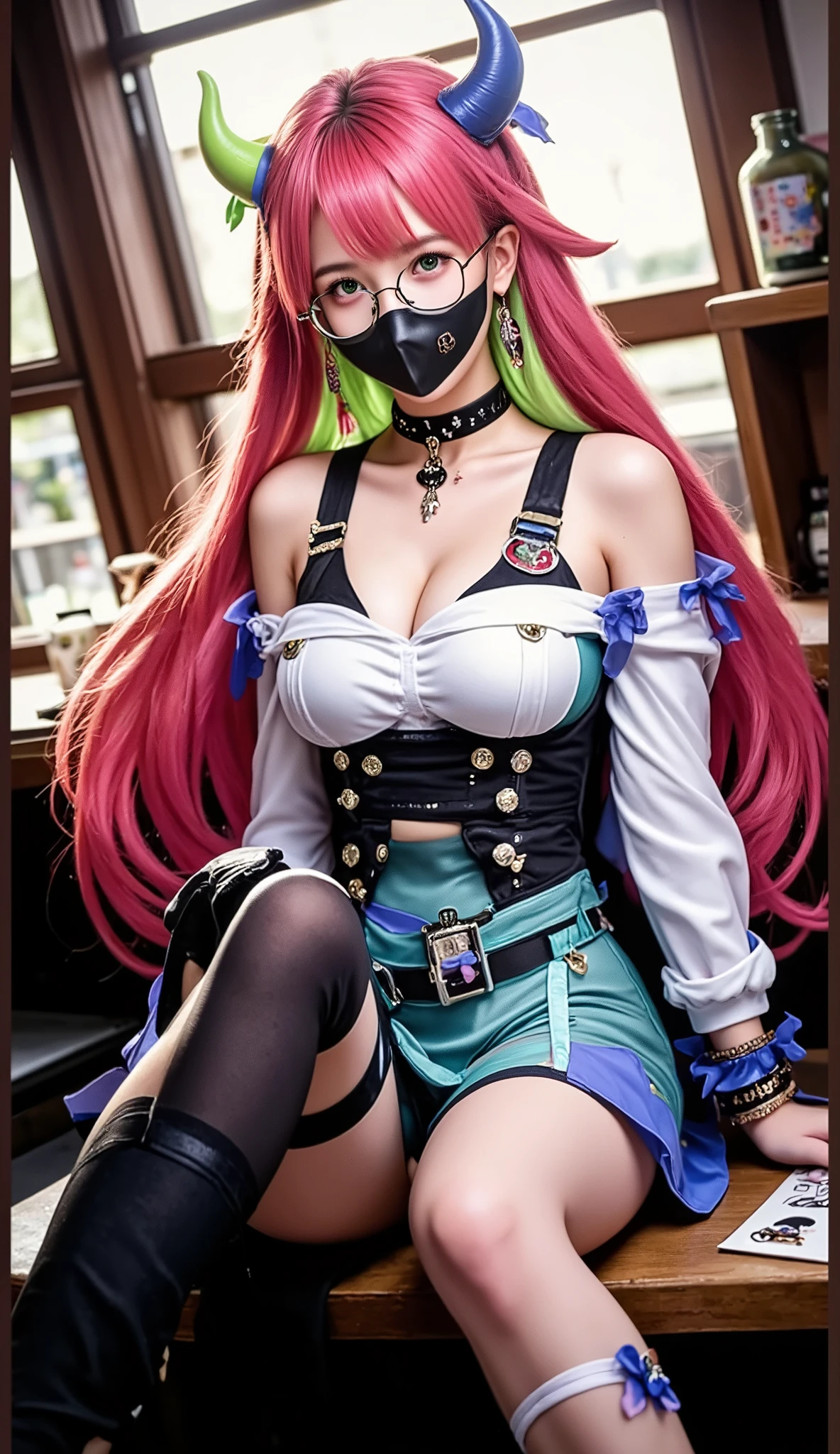 big hair,
color: spectrum,
full-body front,
hair extensions,
lip filler, rainbow clothes
rainbow hair,
striped thigh-highs,
very long hair,
vivid colors, large breasts, sleeves, smile, indoors, sitting, wild hair