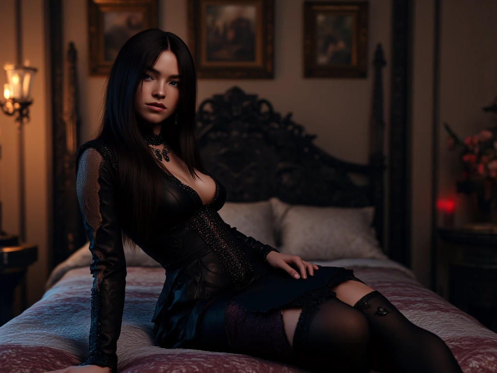 ((best quality: 1.5)) ((masterpiece: 0.8)), intricate details, sharp focus, professional, photorealistic, real life, realistic representation of the face, ((((solo, 1girl) female, (gasping, bright lipstick, (gothic eye makeup))))) bright glow, dynamic pose, gorgeous perfect face, in the style of realistic and hyper detailed renderings, zbrush, hyper realistic oil, contoured shading, dark room, dark background, black background, solo, BREAK; BREAK ((((dark wavy hair, blue eyes)))), (freckles: 0.7), ((body tattoo: 0.7)), ((fujicolor)), BREAK ((breast size: 0.5)) BREAK ((((((lounging bedroom bed, loose silk red blouse, underboob))), dark bedsheet, photorealistic, hyper-realistic))