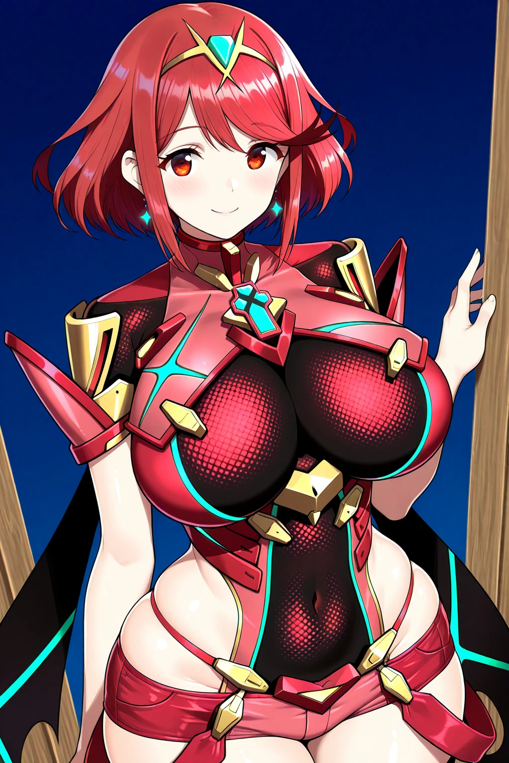 pyra \(xenoblade\), teen_1girl, , armor, bangs, black gloves, breasts, red eyes, light_open_mouth, earrings, eyelashes, fingerless gloves, floating hair, framed breasts, gem, gloves, hair ornament, headpiece, jewelry, big_breasts, leaning back, swimsuit, neon trim, official art, pose, red hair, saitou masatsugu, short hair, sidelocks, skin tight, solo, swept bangs, thighhighs, tiara, fantasy_town_background, underbust, vambraces, xenoblade chronicles \(series\), (xenoblade chronicles 2), (spread_legs:1.1), fire_effect,dynamic_pose,fighting,light_smile, (plump:1.4), big_ass,huge_sword, hold_large_sword_hilt, covered_nipples, (covered_pussy:1.2),cameltoe,back_view, fists,ponytail,plump,beautiful_fingers,(solo:1.1)