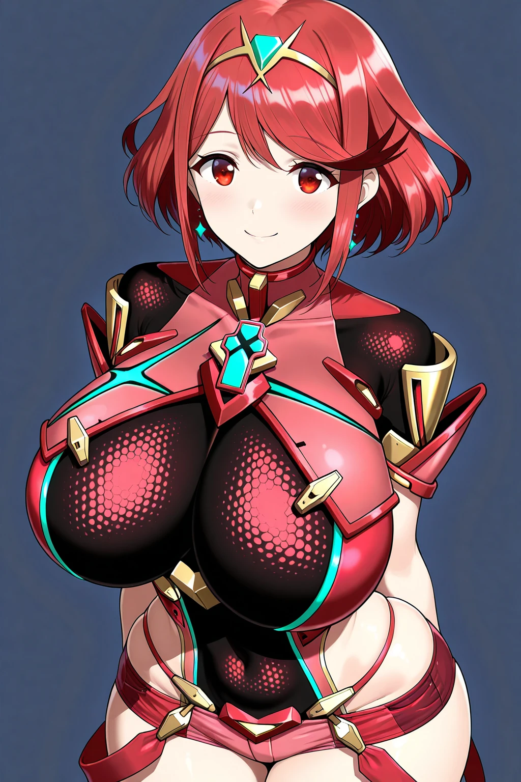 masterpiece, best quality, 1girl, solo, pyradef, tiara, earrings, chest jewel, impossible clothes, fingerless gloves, cleavage, nsfw, blush, :D, hands on hips, thighs, simple background, wide hips, center cutout, leotard,