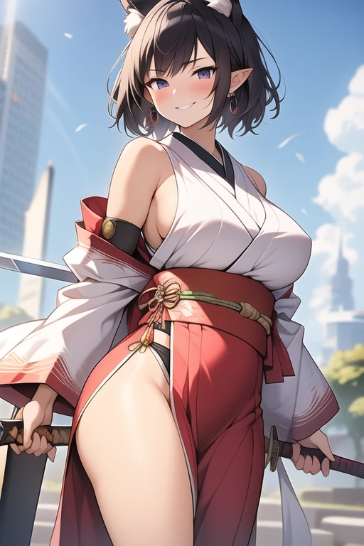(masterpiece:1.2, highest quality), (real image, intricate details), (fleet Mutsu:1.4)、(skirt lift:1.4), I don't wear panties.,exposure、 skirt grab, alone, 1 female, (blush all over the face), Happy, cowboy shot, School, School uniform, , big breasts,