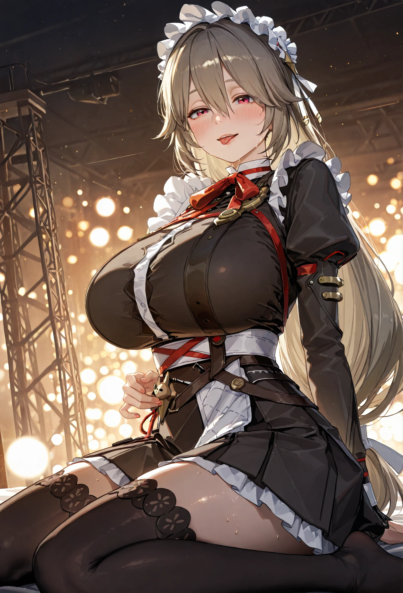 (One girl)、(medium length hair)、(sidelock)、((Blonde))、(slan eyes)、（boyish）、cute、(Big super breasts)、((Chubby))、Maid、No sleeve、mini skirt、White sleeveless、thigh-high socks thighhighs、(long gloves)、hairs between eyes、(coarse hair)、[flipped hair]、pink eye、expressionless、one eye closed、arm behind back、two side up、White Background、