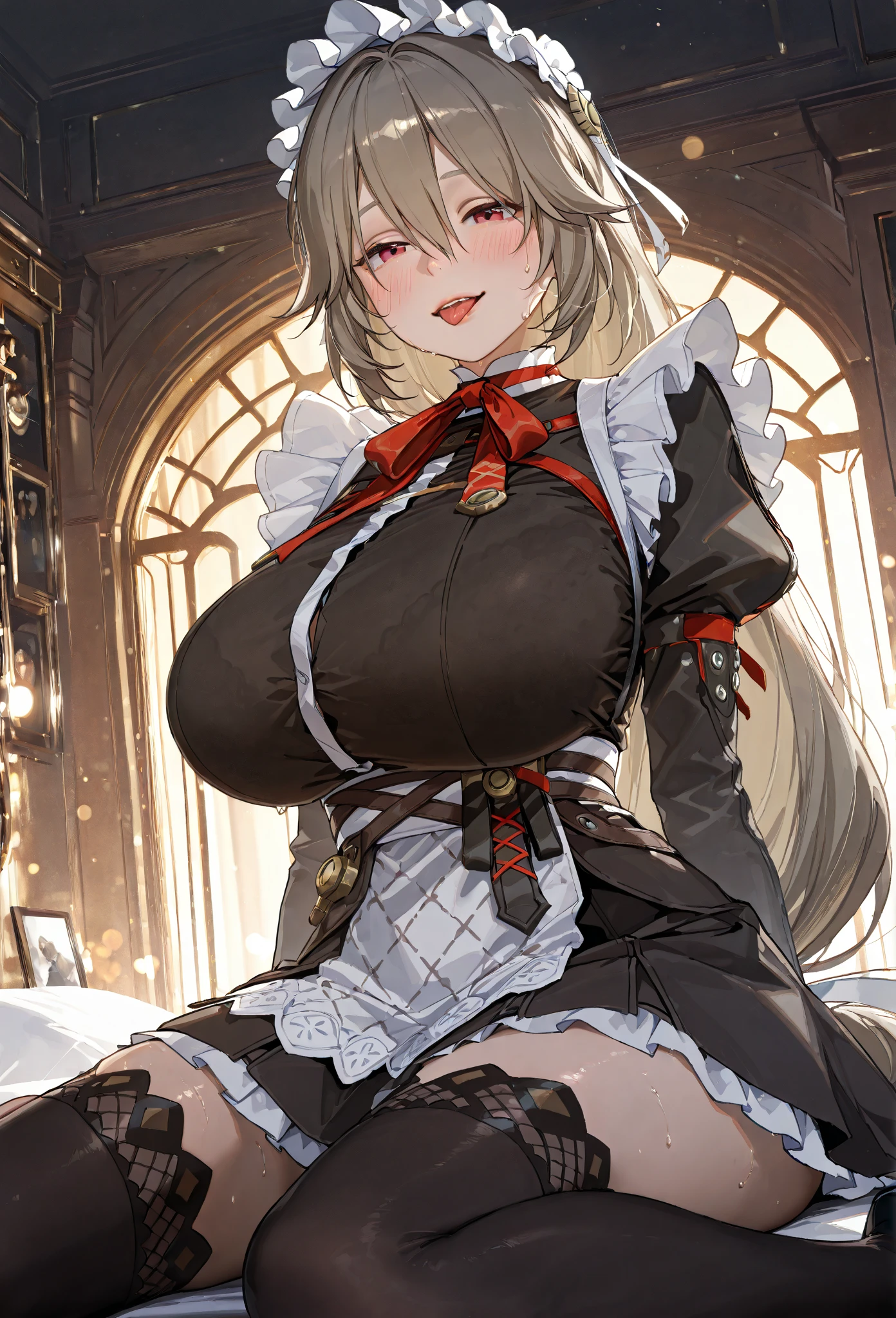 (masterpiece, best quality1.2),illustration,8k,hd,1girls,solo,hand up,(portrait:1.2),long_hair,large_breasts,red_eyes,very_long_hair,bangs,twintails,ribbon,grey_hair,cleavage,hair_ribbon,two-tone_ribbon,between_breasts,black_dress,dress,frills,bare_shoulders,frilled_dress,long_sleeves,two-tone_dress,jewelry,earrings,indoors