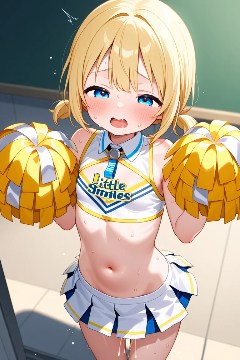 (((masterpiece))), ((highest quality)), (Very detailed), ((High resolution)), ((8k)), ((Anatomically correct)), One very cute girl, Baby Face, (Small breasts), Vocaloid, (Kagamine Rin), Blonde, Short Hair,  Letting down your bangs, (Short), (Petite), Charming smile, Blue eyes, Best moment, Delicate arms, Detailed skin texture, Intricate details, Very detailedな顔, Beautiful thighs, Beautiful curves, (Sweating), Love juice is leaking, In a school classroom, ((Cheerleader)), ((Holding yellow pom-poms in both hands)), (((Having sex))), (Male organ in vagina), Open your mouth, heart, Open your legs, 