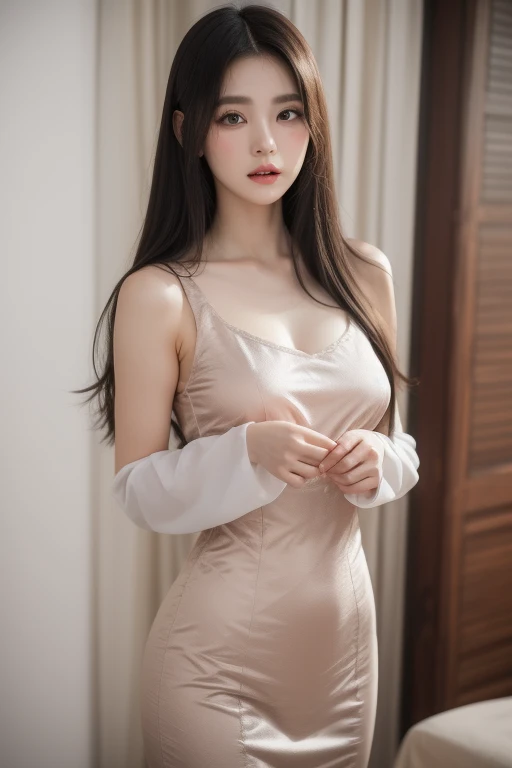 Smooth long hair，Ultra-fine painting, delicate face, Exquisite figure, Delicate collarbone, prominent cleavage，Alluring long legs