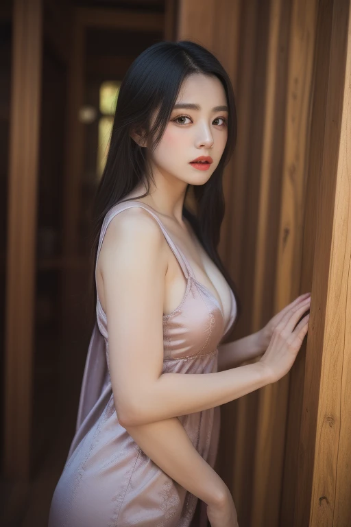 Girl with captivating beauty, a Korean adult, wearing a short, sensual dress. The elegant fabric hugs her body, revealing an alluring peek of her tanned, supple skin. With a sensual pose, she leans slightly forward, inviting admiring glances from all angles in this 3:2 aspect ratio, high resolution image. --s2 (Tempting hint of perfection, Korean beauty in her prime, dressed to thrill in a short, alluring number, exuding confidence and sultry charm in every frame --s2)