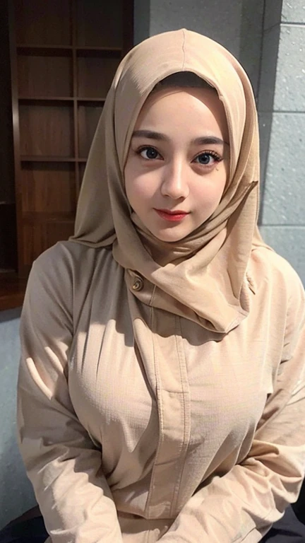 Jumbo (Singlet), Chubby adorable, 1 girl, (face to face), 10 years old, baby face, happy, half body portrait, (face details: 1), (eye details: 1), ((big breasts)). wearing transparent transparency soft long shirt, hijab, .. Cute posed. proportional body. Ultra High Res. realistic: 1.4, UHD, (floral pattern), view from side seductive pose