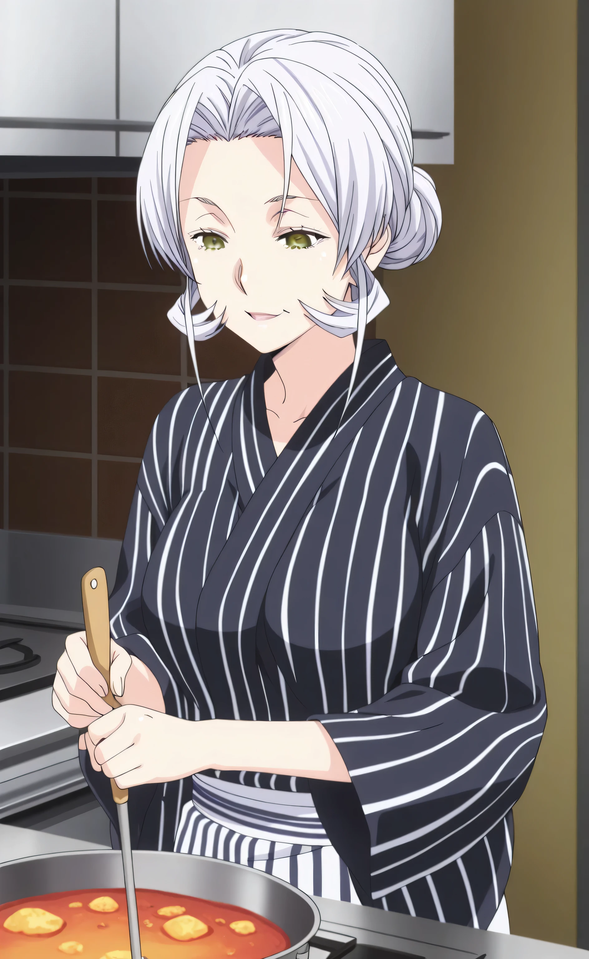 1women,solo,old lady,white hair,hair bun,brown eyes,cool face,black yukata,cooking,kitchen,Shokugeki no Soma