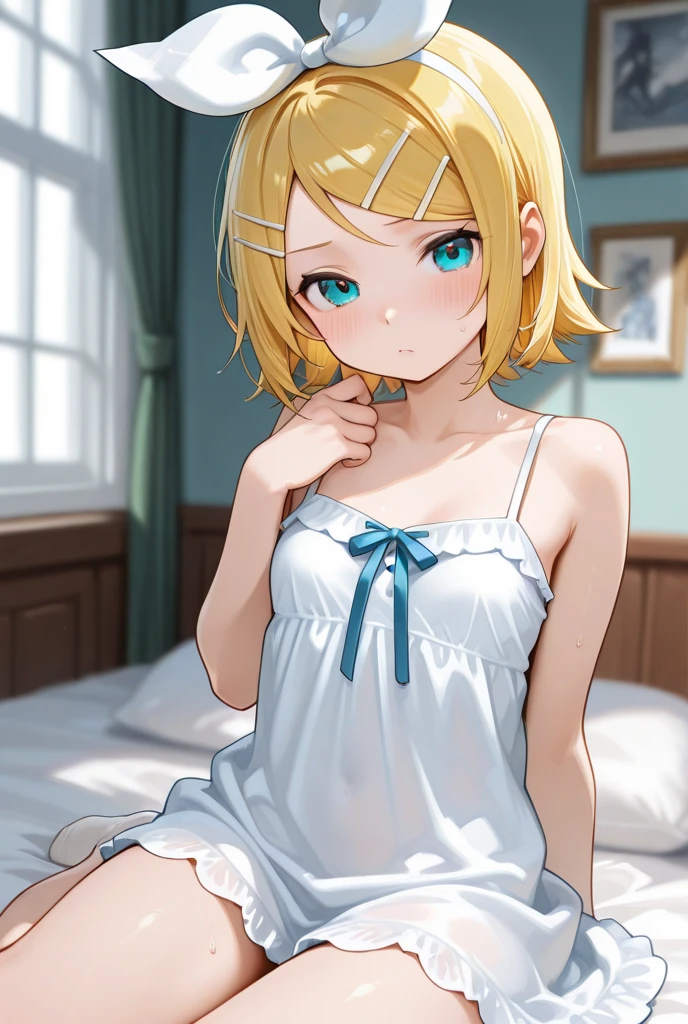 ((ultra detailed, masterpiece, best quality, 8k)), BREAK, 1girl, solo, (very flat breasts:1.4), (chibi:0.6),clear skinned female:1.2, ,(clear skin:1.8), blonde hair, short hair, pixie cut, wavy hair, blue eyes, wake up yawn, open mouth, covering mouth, pijamas, (white pijamas), window, morning, looking at viewer, sitting, seiza, waking up, on bed, full body, detailed hands, (transparent lingerie), wet girl, BREAK
