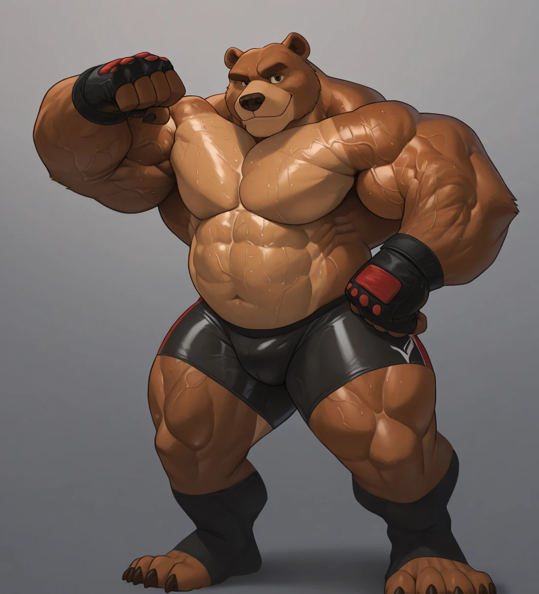 solo, 1boy, Huge Muscular White Polar Bear wearing glasses, huge white fur, pectoral, huge pectoral, wide pectoral, short white hair, blue colored boxing kickboxing shorts, blue colored kickboxing gloves and shirtless and topless, white bearded, white Mustache, white fur, simple background, masterpiece, high detailed, 8k, high resolution, at the gym, flexes huge body muscles