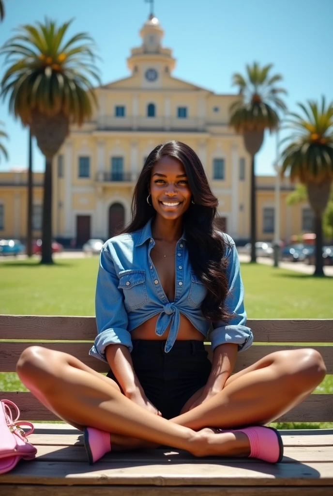 Morena de 30 anos com sorriso sexy com roupa de trabalho, landscape courtyard of a university it is daytime
