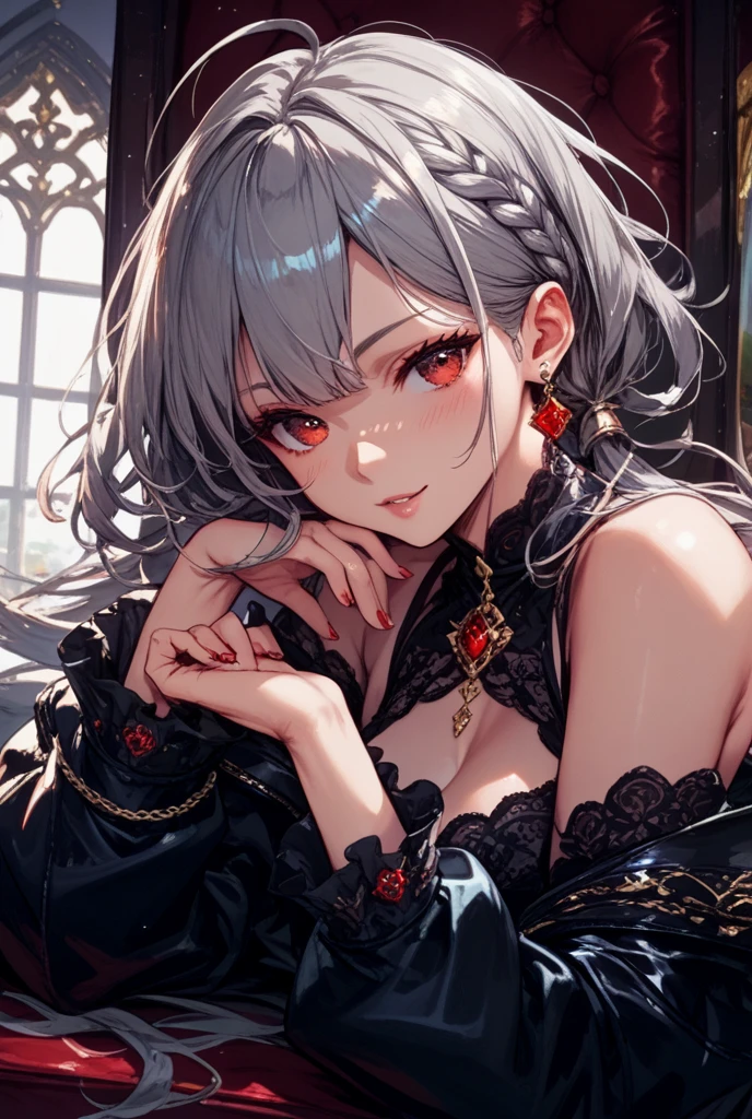 (Best quality, 8K, Masterpiece:1.3, 1girl, solo, Beautiful girl), cute, Dynamism, Detailed face, Detailed skin, detailed clothes, Detailed eyes, Detailed lips, Detailed tongue, Detailed fingers, Detailed mouth, Photorealistic, Raw photo, highres, hight resolution, Natural lighting, perfect anatomy, toned legs, double eyelids, tear bags, round eyes, moist lips, sweaty, ecstatic face, ((gothic lolita, gothic lolita fashion, body piercing, piercings, earrings, heart-shape-tattoo on cleavage)), skirt, grey hair, lace thighhighs, cum on breasts, blue pupil, looking at viewer, (masturbation), gothic mansion, spreading legs, grabbing breasts herself, from above, smile