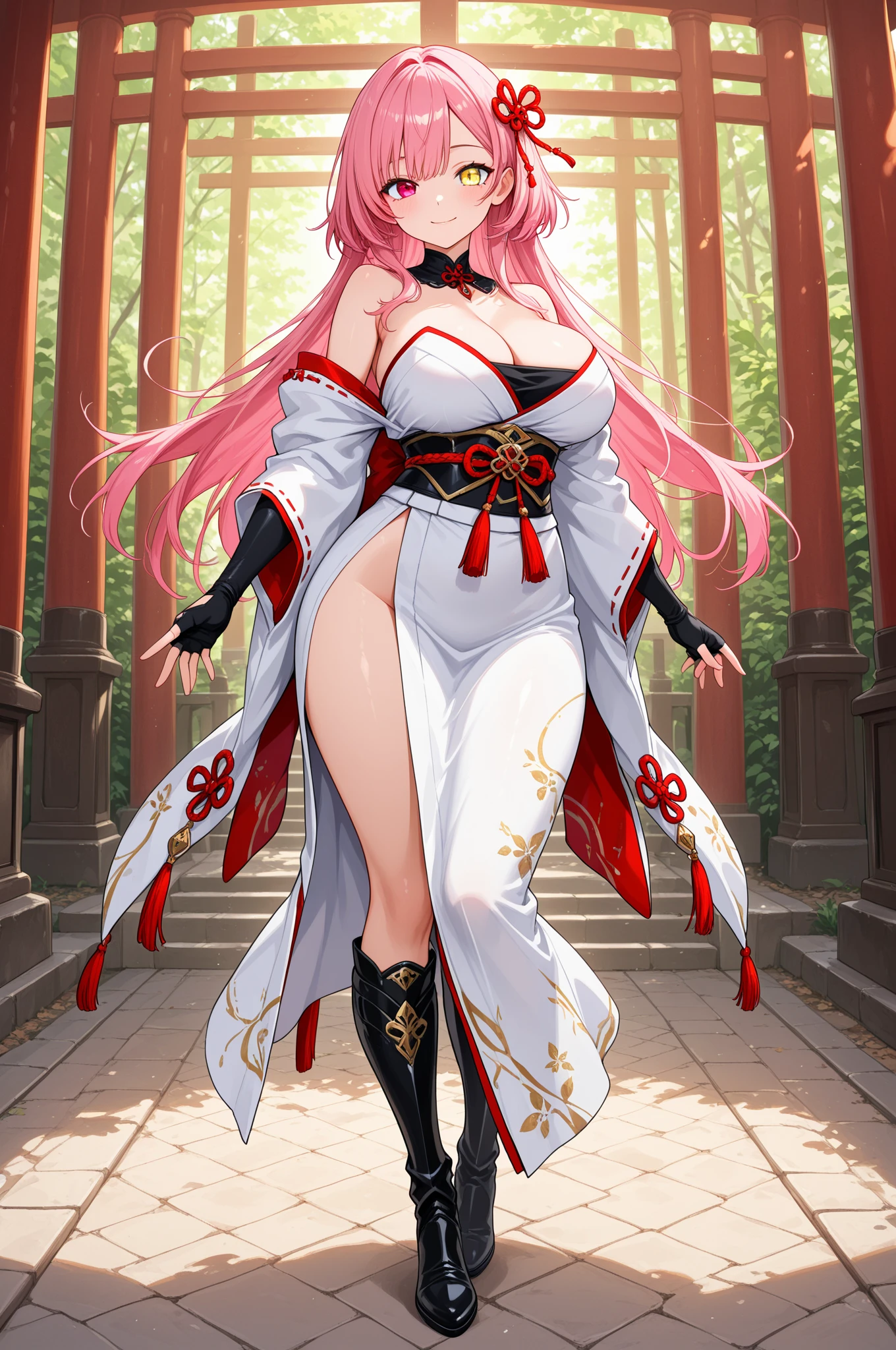 furry_girl,mature_female,wolf_girl,Elegant figure,193cm tall,Model's body_type,detailed_eyes,silver_hair,cute_ears,wolf_ears,Sakura Rice Library, Smile, blush, ((Cherry blossoms)), ((Pink sleeves)), Pink, ((pink)), Pink sky, Sunset, lake, reflection