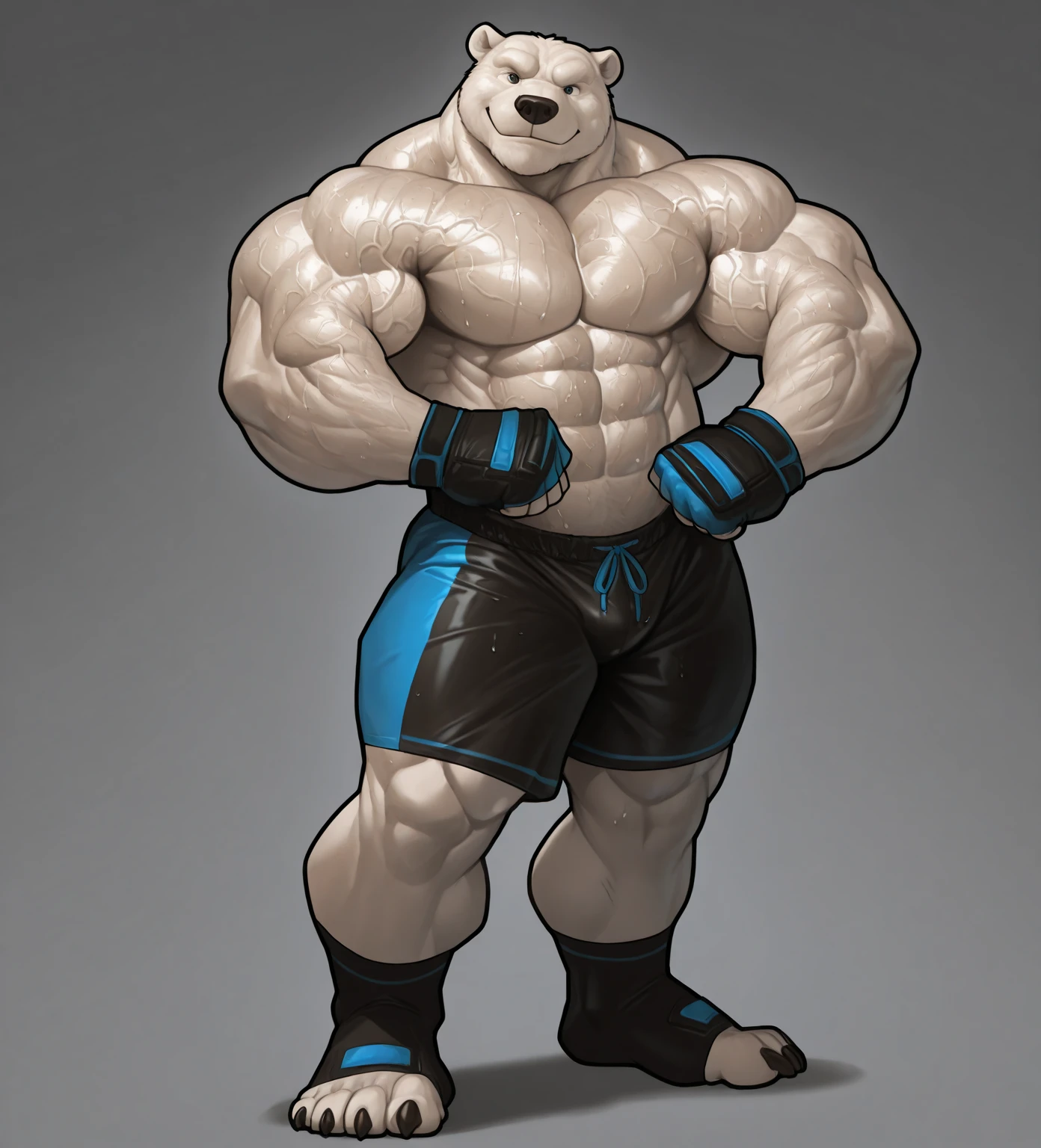 solo, 1boy, Huge Muscular White Polar Bear wearing glasses, huge white fur, pectoral, huge pectoral, wide pectoral, short white hair, blue colored short pants, blue colored wristbands and blue colored tank top, white bearded, white Mustache, white fur, simple background, masterpiece, high detailed, 8k, high resolution, at the gym, flexes huge muscles
