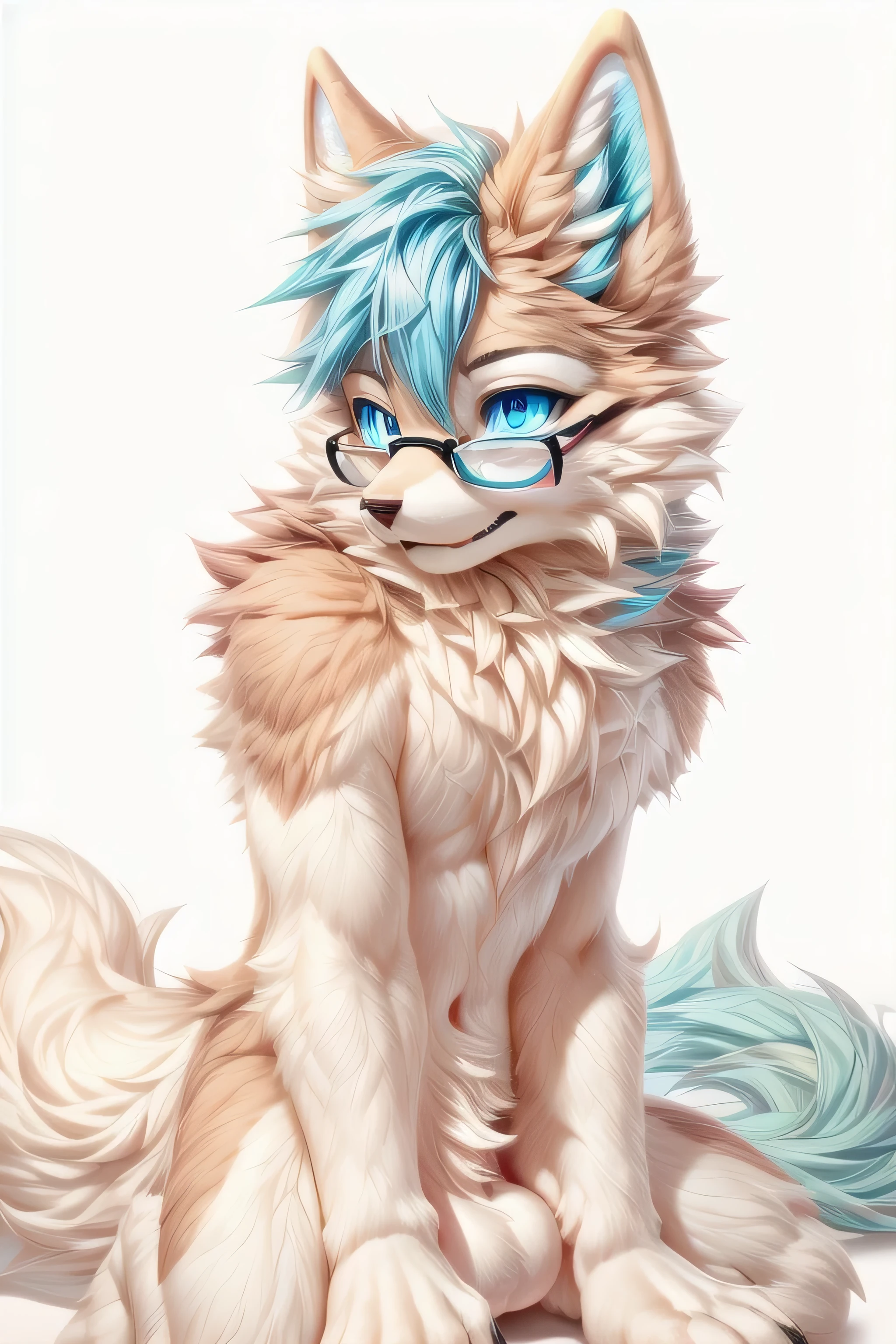 a young arctic fox and a wolf, male boy,(cat dog wolf face,短吻部)portrait , Extremely detailed face and facial features , boy Beautiful blue eyes and ears , Fluffy white fur , 18-year-old, white 人类 body , furry white tail,,all body white hair,white big balls,black glasses,,在沙坐着,背后森林,阳光充沛, ((杰作))全身shot