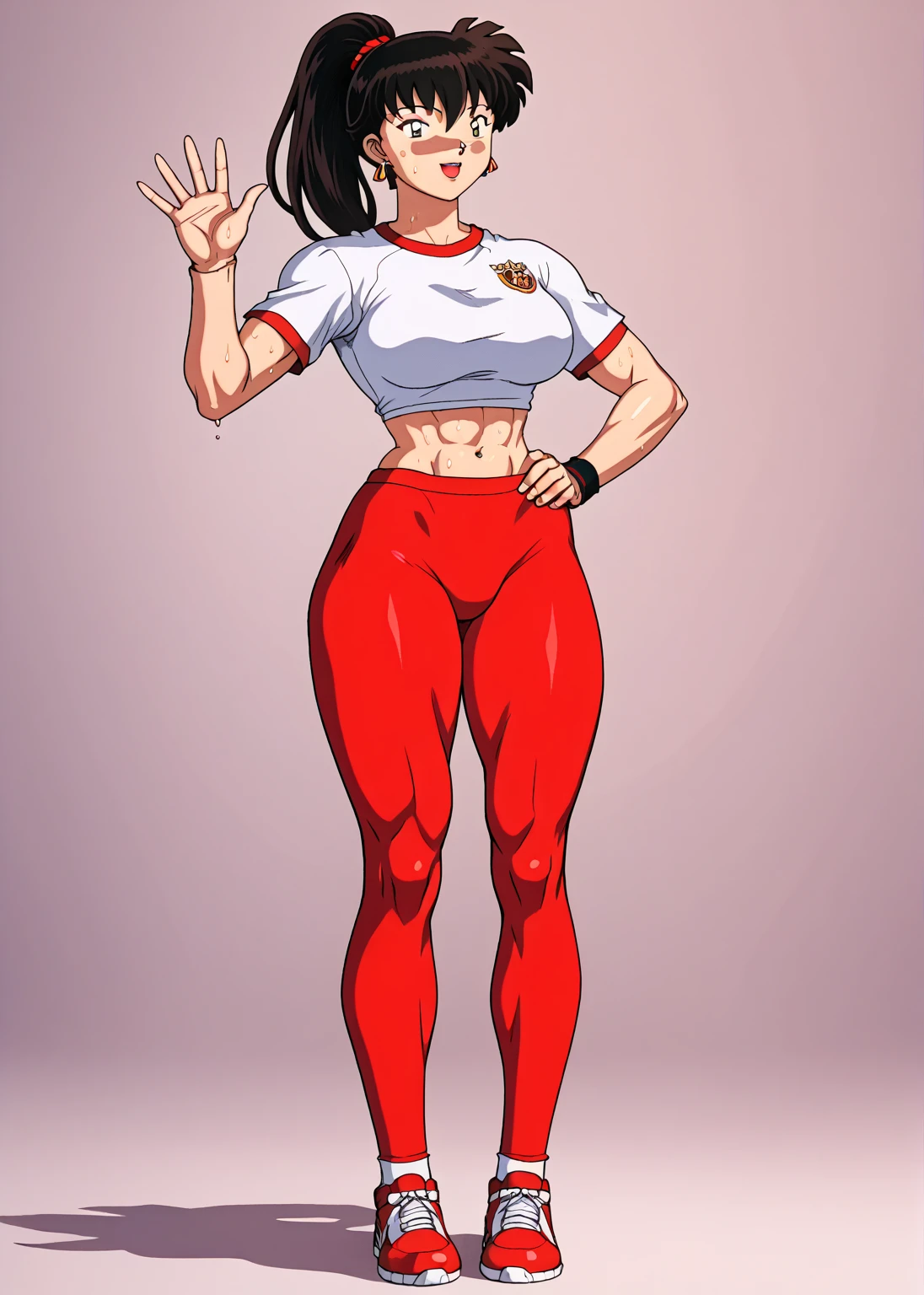 high detailed, masterpiece <lora:p3r3zstyle_v3:0.6> full body cartoon character image of <lora:Sexy-Venezuelan:1> black wavy hair, black eyes, full lips, perfect hands, big breasts, red wine tshirt crop top, white shorts, white sport socks, sport shoes, simple scene, white background, white wall, shinny floor, white floor