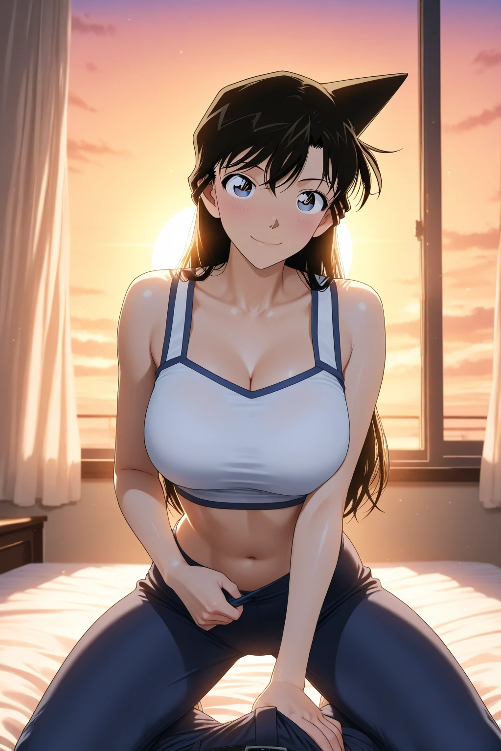 Anime style, masterpiece, best quality, solo, 1girl, korra, (dark skin: 1.5, brown skin: 1.5, brown hair, hair tubes, ponytail, long hair, topknot, bare shoulders), arms up in bed, armpit, sexy lingerie