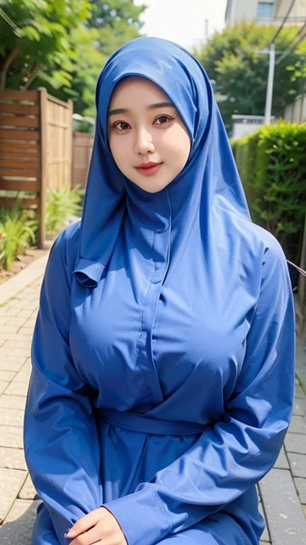 ((Marian rivera)), 30 years old, (8K, best quality:1.2), ((sitting on chair at cafe)), beautiful Smile, slim faces seduced smile, White skin, shiny skin, (( gigantic breast:1.5)), (masterpiece:1.37), (photo, photorealistic:1.37), (ultrahigh-res),Full Body, view from back, slow motion, (insanely detailed, bloom:1.5), (highest quality, Alessandro Casagrande, Greg Rutkowski, Sally Mann, concept art, 4k), (analog:1.2), (high sharpness), (detailed pupils:1.1), detailed face and eyes, Masterpiece, best quality, (highly detailed photo:1.1), photographed by Canon EOS R6, 135mm, 1/1250s, f/2.8, ISO 400, Realistic, 8k, ((masterpiece)), looking at the viewer, (detailed), detailed face, white skin, Glowing Skin, bright room, ((Wearing tight Silk light nany blue floral long aodai with closed hijab)), at cafe