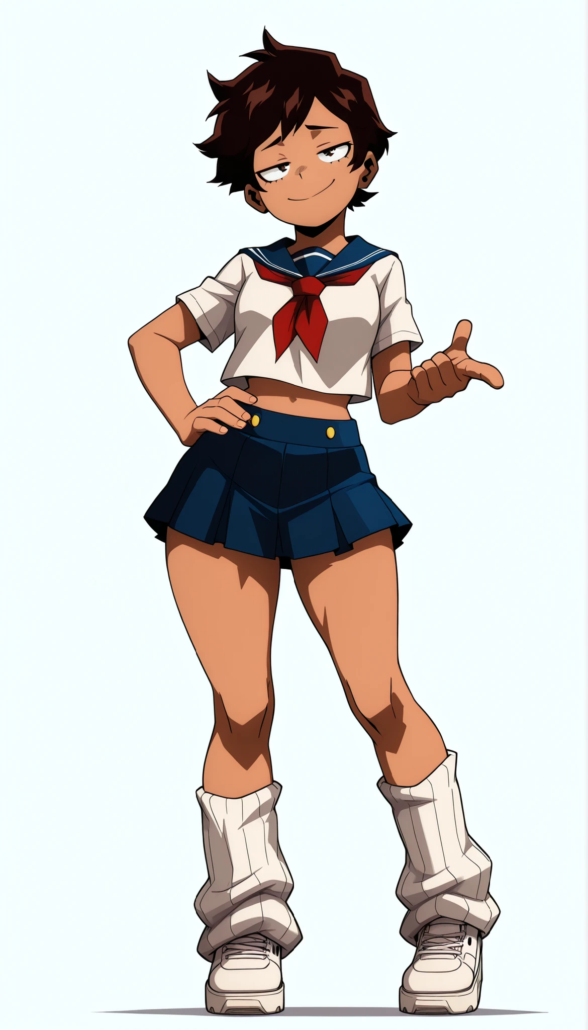 Luz Noceda, 1girl, solo, Medium breast, thighs, hips, dark skinned, standing, full body:1.5, serafuku uniform, serafuku outfit, serafuku cosplay, My hero academia style, midriff, loose Leg warmers, flat chest, hips, thighs, Smug, (Dark brown hair), light brown eyes, pixie cut, dark skinned female, (Blue skirt), White sneakers,