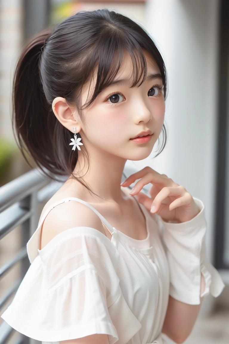 short hair、grassland、(12 years old:1.6)、(From the chest up:1.6)、Laughter、Close-up portrait of a girl wearing a white sleeveless top dress and earrings, Soft portrait shot 8k, Nice delicate face, High-quality 4K portraits, High-quality portraits, Soft and perfect white skin, 8k highly detailed face, Beautiful and delicate face, Beautiful light big eyes, Beautiful and realistic face, Beautiful girl and, Beautiful and realistic face, Cute girl