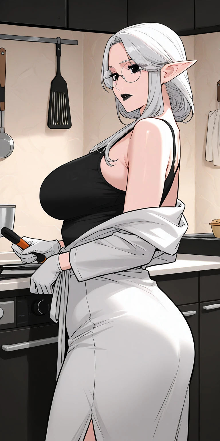1 woman, bathrobe, woman in the kitchen, full body (mature woman: 1.5), seductive smile,
masterpiece, best quality, intricate details, anime screenshot, flat color, brown eyes, white hair, red lips, very large breasts, swollen lips, short hair, huge breasts, hanging breasts, anus shown, pubic hair, acula sweaty, body sweat, different sexual positions