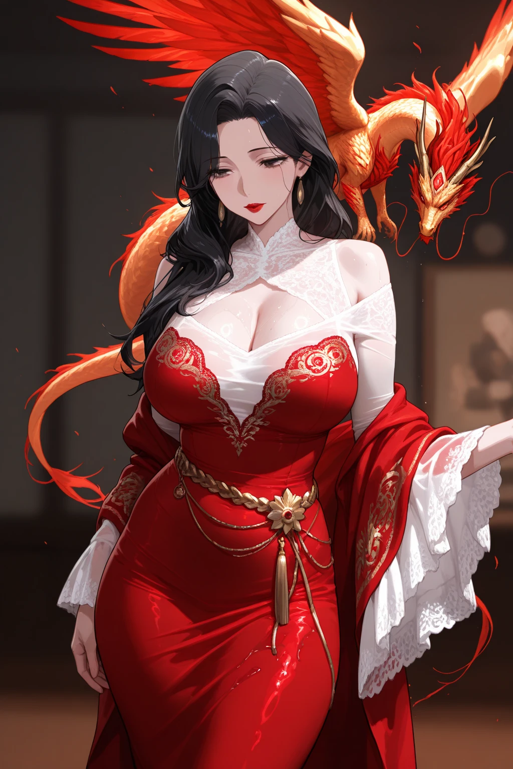 (Magnificent Masterpiece, Exceptional Quality)
1. Girl, Solo, Empress, China Dress, Dramatic Dragon, Black Hair, Red Eyes
(Dragon Tail, Imperial Spirit, China Dynasty)

She stands resplendent, a solitary figure draped in an ornate, red-hued China dress. Her black hair flows like cascading ink over her shoulders, framing the regal countenance of her striking red eyes. Beneath her feet, a grand, lifelike dragon lies coiled, its majestic scales shimmering in the soft light.

The imperial style of the China dress is evident in its intricate patterns