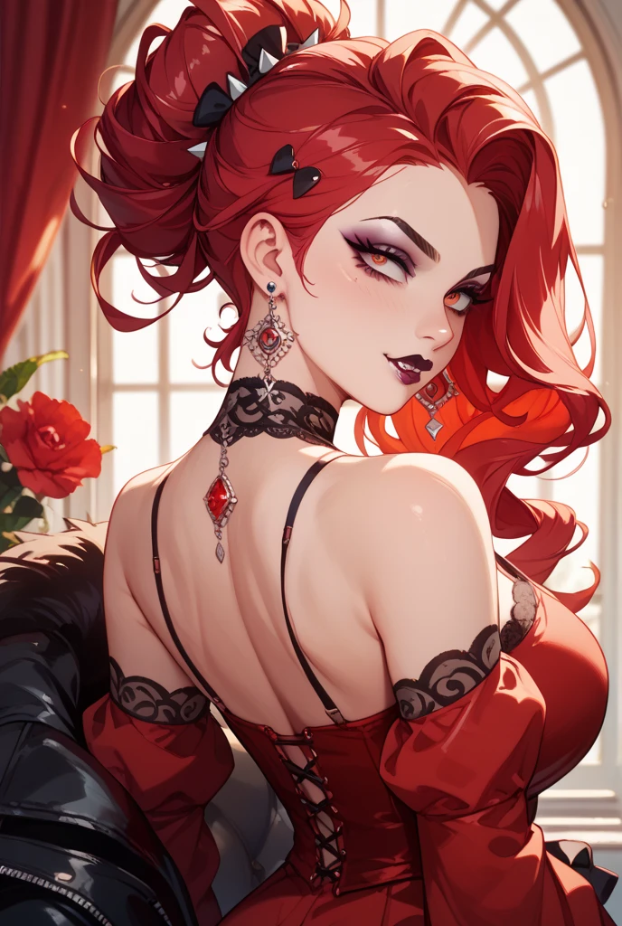 1girl, red hair, jewelry, long hair, solo, earrings, mole under mouth, hair ornament, dress, black dress, gloves, necklace, elbow gloves, looking at viewer, purple eyes, arms up, armpits, red lips, smile, black background, plant, upper body,parted lips,red lips,milf,huge breasts, parted lips,(shiny skin),(mature female:1.2),cabernet,<lora:cabernet-v1.5-naivae-6ep-resize:0.7>