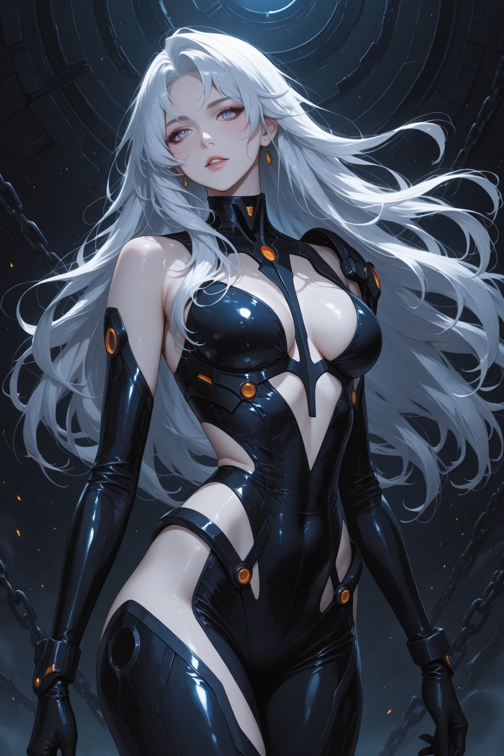Charming,Senior sister,Abdominal y tattoo,Disgusting gaze,Disdainful face,Tight-fitting leg ring,y tattoo on half-body,Bare skin,Exquisite facial features,Ultimate image quality,1girl,Silver gray hair,Bodysuit,Armored hand,Hidden fingertips,Silver-gray long hair,Bodysuit,Tight-fitting bodysuit,Hand covered,Arm covered,Fist covered,{{beautiful detailed fingers}},1girl,