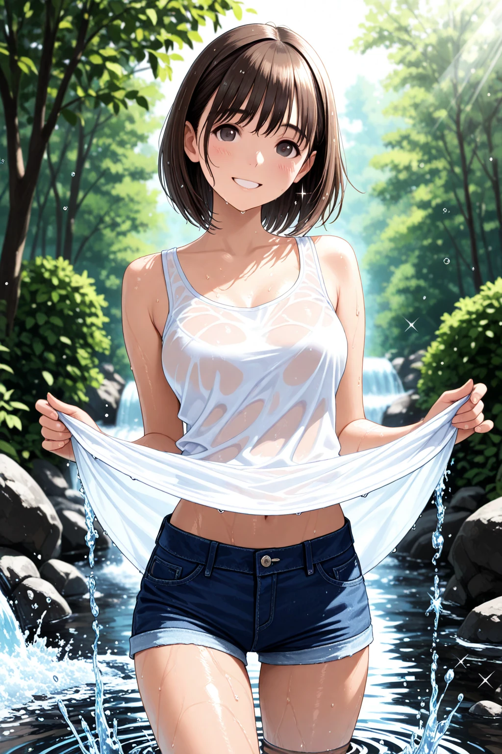 10 years old,Girl,,Flat Chest,nude,Highest quality、High resolution、Detailed Background、Beautiful face in every detail、Teenage Beauty、Brown Hair、Bobcut、Big smile、boost mood、 Summer sun、Shining Sea,Embarrassing,Put your hands behind your back