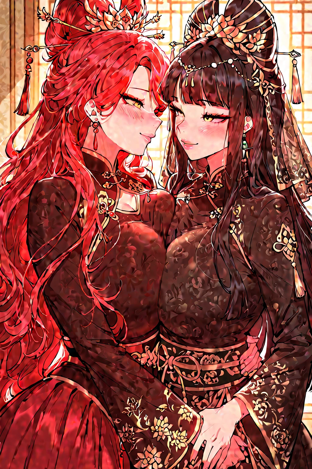 there are two dolls that are standing next to each other, wlop : : 5, beautiful gemini good and evil, wlop and sakimichan, porcelain white skin, loish and wlop, bjd, ball jointed doll, twins, with ivy, beautiful gemini twins, guweiz masterpiece, gothic art, dollfie dream, black rococo, frida kahlo, lourdes leon, hair ornament, unibrow, thick eyebrows