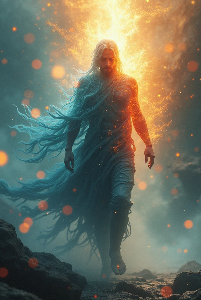 photorealistic, cinematic, powerful, Zeus in mid-stride, charging through a stormy landscape, with a muscular, god-like physique, is adorned in minimal yet intricately detailed attire, Sky blue, tattered loincloth that billows with his movement, revealing his formidable legs. His skin is a striking shade of blue, accentuated by the dramatic lighting of the scene, which casts deep shadows and highlights his chiseled features and bulging muscles. His long, flowing white hair and beard whip wildly in the wind, adding a sense of dynamic motion and raw energy. eyes glow with an intense, he is holding a massive thunderbolt, that shimmer in the stormy light, radiating a mystical aura. The ground beneath him erupts with force, sending rocks and debris flying into the air, emphasizing the deity's immense strength and the impact of his stride. The sky above is filled with swirling, dark clouds, illuminated by flashes of lightning that create a dramatic and foreboding atmosphere. A crescent moon hangs in the background, partially obscured by the turbulent clouds, adding a touch of celestial mystery to the scene. Intricate details, cinematic depth of field, sharp focus, filmic f/22 aperture, Arri Alexa 35 camera, film grain, Cinematic film still, color-graded, post-processed aesthetic, evoking the cinematic quality of 35mm film, razor-sharp, 16k resolution, precise.
