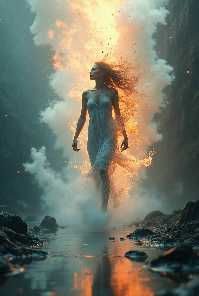 An ultra-realistic, full-body image of a stunningly beautiful woman with an impeccable physique, standing confidently in an open space. Her "clothes" are formed by the four elements of nature: fire wraps around her shoulders and torso, flickering with vibrant orange and red flames; water cascades down her arms and legs like flowing waves, glistening under the light; earth encases her feet and rises up to her knees, appearing as rich, textured soil with green vines sprouting; air swirls around her waist and hair, represented by wispy, translucent gases and breezes that flow with grace. The background is a surreal, infinitely captivating blend of colors and patterns, merging seamlessly with the elements around her, creating a mesmerizing spectacle for the camera lens. Her gaze is deep and profound, capable of capturing the deepest emotions of anyone who observes her, adding an ethereal quality to her presence.
