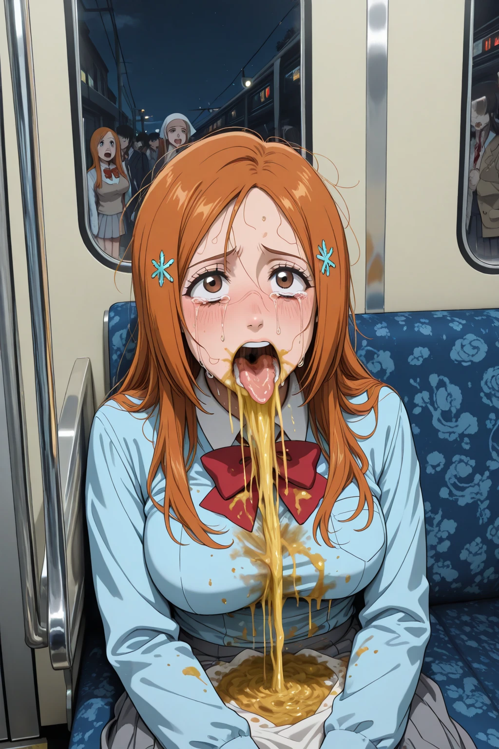 mamimi, mamimi style, expressiveH, score_9, score_8, masterpiece, perfect face, <lora:PulenKompot-Mamimi Style-PonyXL:0.7> mamimi, fellatio, vacuum fellatio, perfect breasts,seductive face, blushing, cum, cum in mouth, face view, face shot, face close up, male cock,big iris, perfect faceinoue orihime, long hair, orange hair, grey eyes, orange lingerie, orange micro panties,laced panties, highleg, orange garter belt, orange thighhigh, orange elbow gloves,orange thighhighs,orange bra,orange lace trimmed thighighs,orange elbow gloves,orange high heels,orange choker, orange dress bow,orange garter straps, perfect ass, massive breasts, nude male, bubble butt, voluptuous body, bedroom, dark orange background glowing eyes