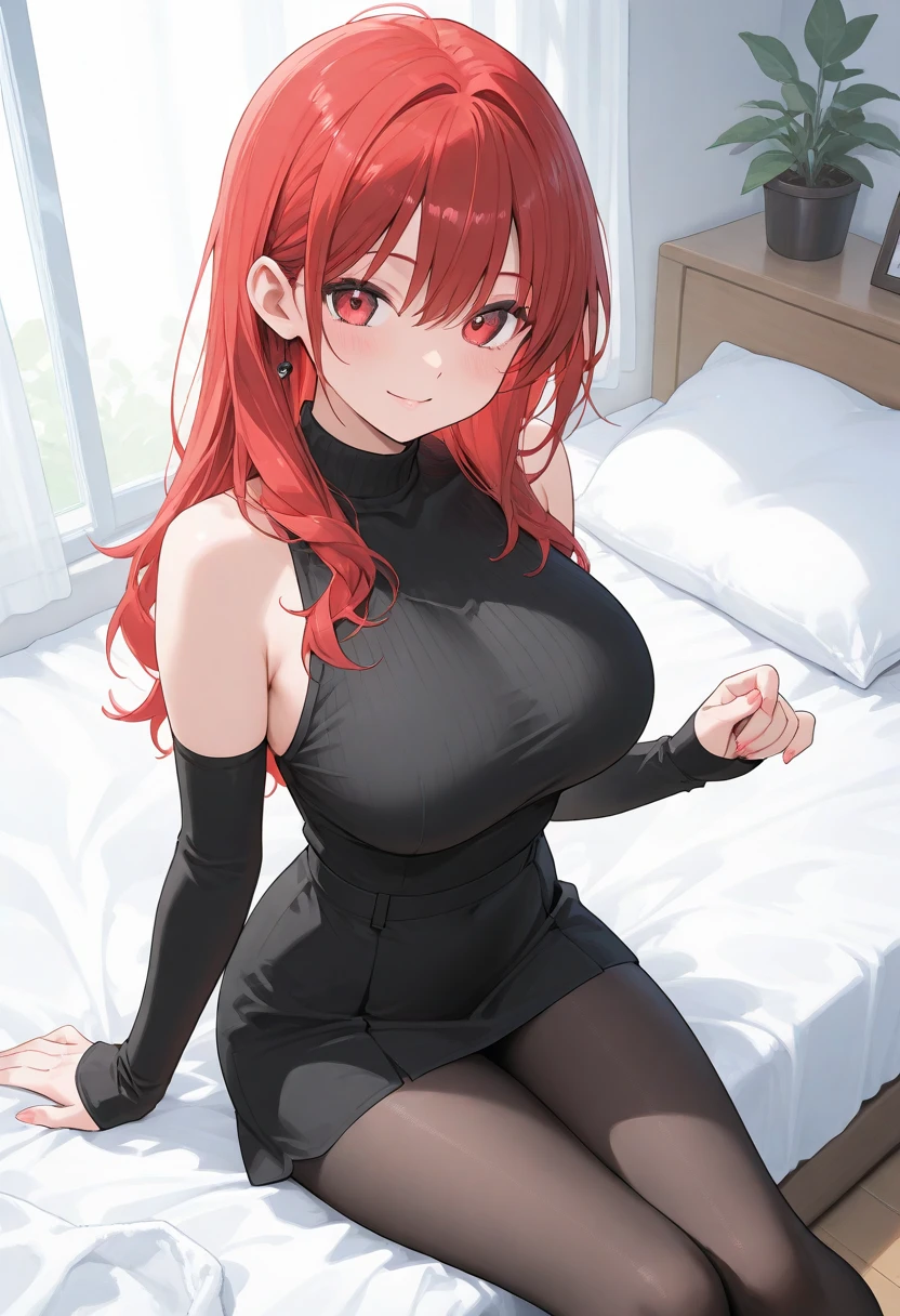 1girl, woman wearing bra, midriff, tight midi pencil skirt black, long length pencil skirt, modest skirt, long red hair, looking at viewer, full body, smile, blush, large bust, bedroom, barefoot, sitting on bed