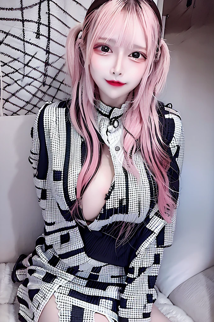 full body,(breast squeeze:1.2),(Thin type:1.5),(large breasts),(wearing glasses:1.5),(half color hair black and pink:1.5),(random hairstyle),(Highest image quality, (8K), Ultra-realistic, Best Quality, High quality, High Definition, high quality texture, high detailing, Beautiful detailed, fine detailed, extremely details CG, Detailed texture, realistic representation of face, masterpiece, presence)