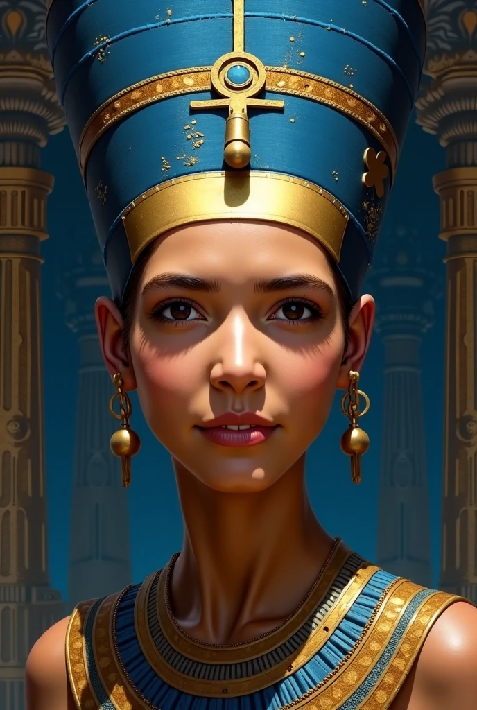 score_9, score_8_up, score_7_up, 1girl, solo, Pharah, brown eyes, (Eye of Horus), (black lipstick), portrait, smug, smirk, Egyptian clothes, outdoors, Egyptian temple,