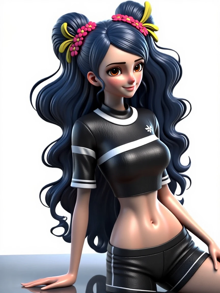 (obra-prima), (melhor qualidade), (ultra-detalhado), (corpo inteiro: 1.2) loli menina negra, liso, encaracolado ,pants and mini blouse, sorriso claro, corpo inteiro, :3, cabelo mesclado, curto, preso, pavor, moderno, Modern accessories, fundo tom pastel , colorido e simples.