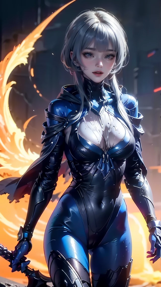(masterpiece), best quality, expressive eyes, perfect face, raging_flames, busty female superhero, surrounded by (((blue flames))), floating in the night sky, skyscraper background, full moon